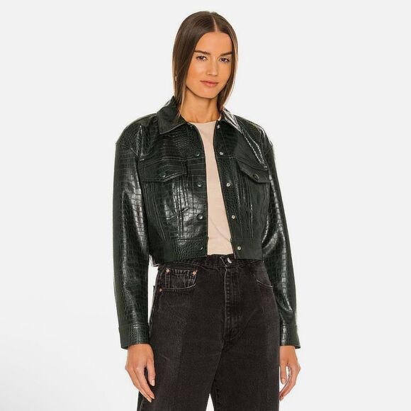 Veronica Beard Hendrix Croc Embossed Faux Leather Jacket Evergreen Green Size 2 - Picture 3 of 13
